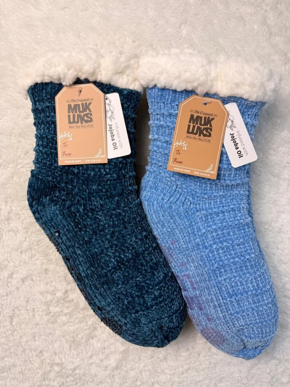 Muk Luks 2 Pair Plush Cabin Socks Sherpa Lined Jojoba Oil S/M 6-8 NWT